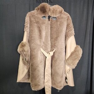 Faux Fur Trimmed Poncho Cape Tan Toggle Closure Tie Belt One Size Luxe Old Money